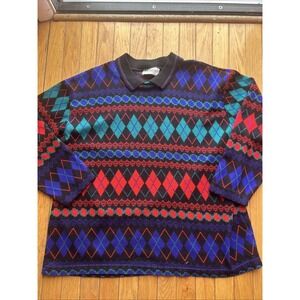 Vtg Mens Black Red Teal Argyle Sweater 1X 90's Grandpa
